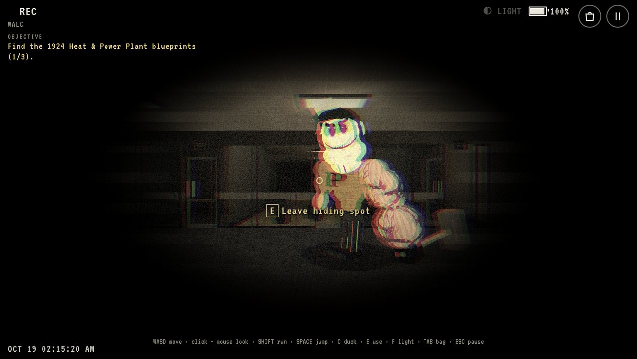 View through locker vents: the mascot stands right outside holding a huge hammer.