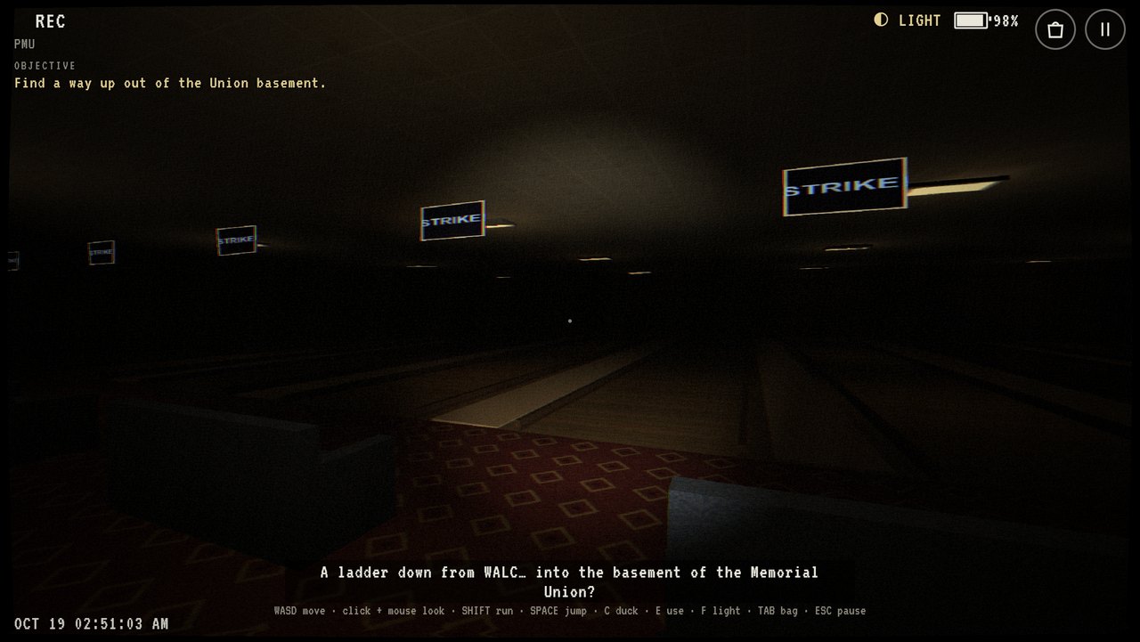 Dark bowling lanes with STRIKE screens glowing overhead.