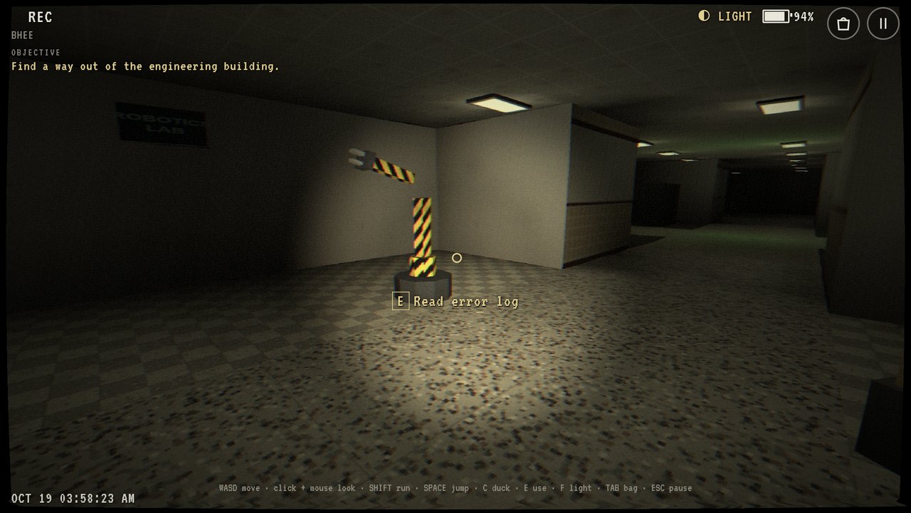 A yellow-and-black robot arm in a tiled engineering corridor.