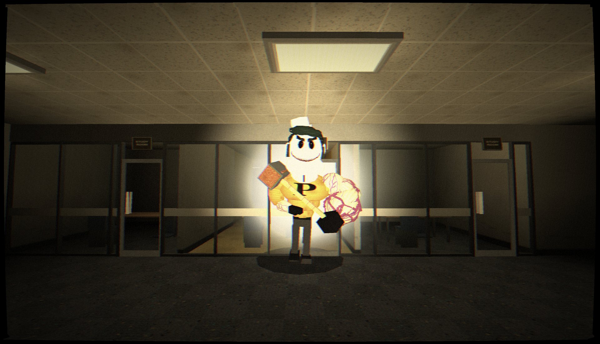 The mascot standing in a flashlit hallway, gripping a huge hammer, staring straight at the camera.