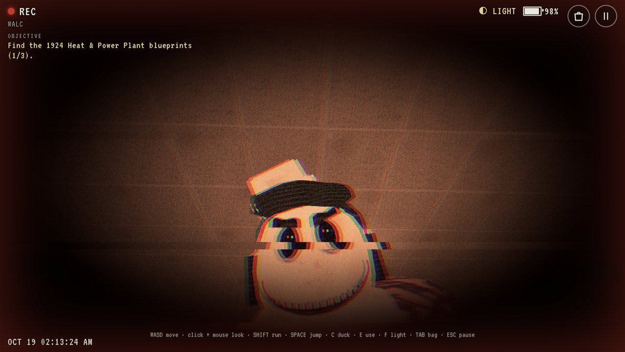 The mascot's huge grinning face leaning into the camera, glitching.